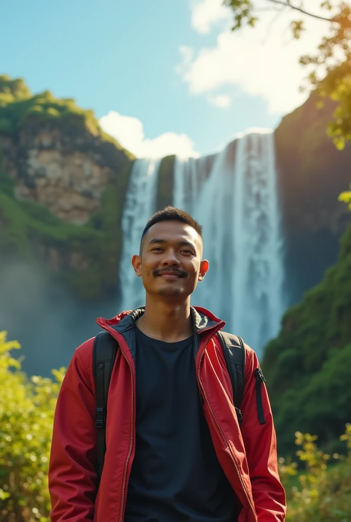 ((best quality)), ((Cinematic photography of a young man from Indonesia with buzz cut hair, wearing a truck cap, wearing a red jacket and black t-shirt, long jeans, mountain shoes, standing while carrying a backpack, standing in front of a large forest facing a waterfall, and a calm view. The sky was a bright blue, and the sun cast a warm golden light across the scene. stunning while smiling at the camera. ultra HD. 8k. realistic masterpiece)), (detailed), perfect face,Add a thin mustache