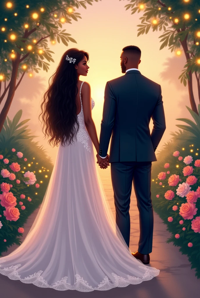 African American bride and groom from back illustration, Make them in larger sizes, do the girl with straight hair, and the man with very short hair 