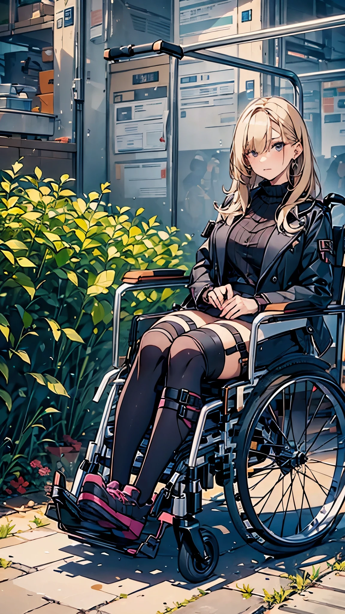 24 years old woman in electric wheelchair,middle twintales blonde hair,gothic style fashion,pink sweater with vertical lines,black pleated skirt,earrings,garter belt,black knee socks, lace up long boots,arm brace,leg brace.