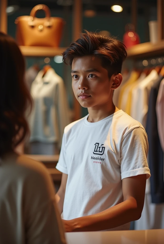 A handsome and rich looking Indian boy who is a sales staff is inside the counter and is wearing a sales t-shirt and is listening attentively to someone.