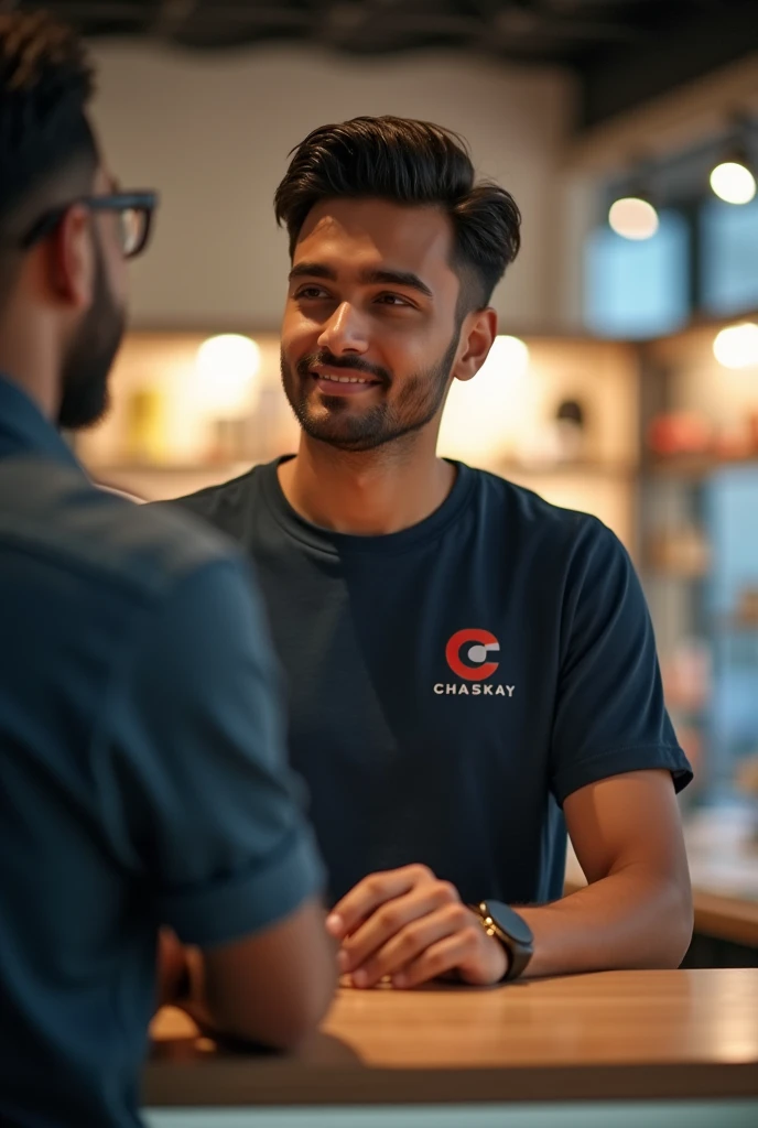 A handsome and rich looking Indian boy who is a sales staff is inside the counter and is wearing a sales t-shirt and is listening attentively to someone.