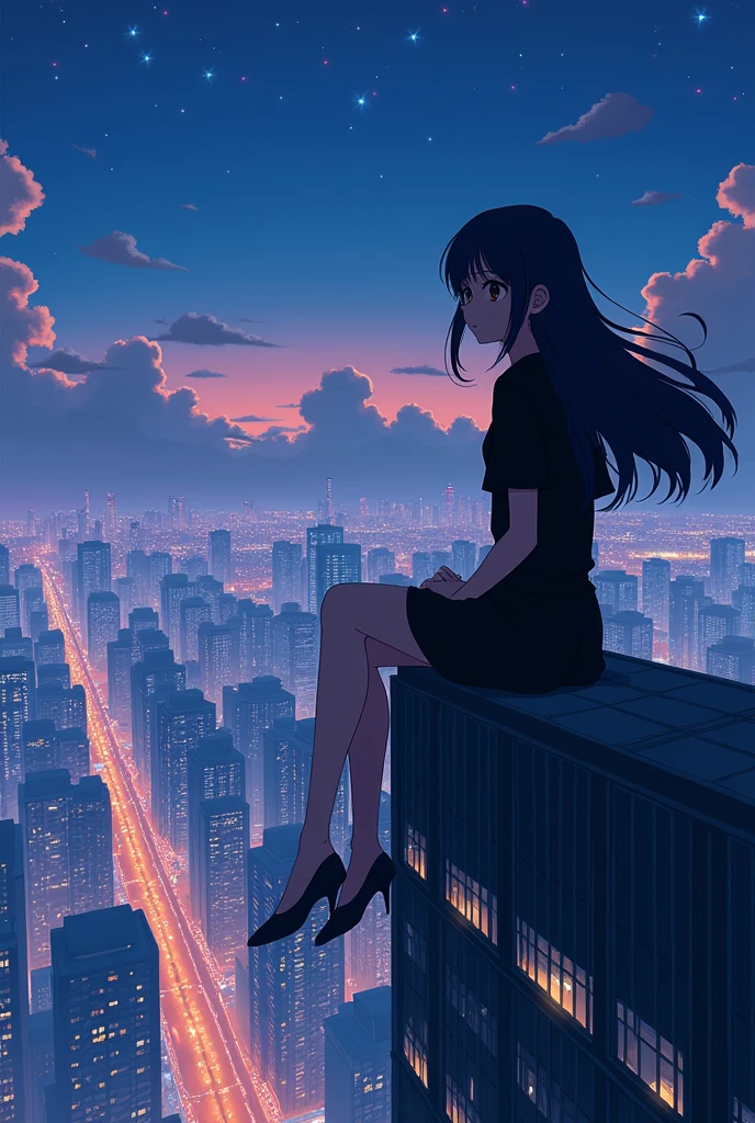 a girl wearing a black blouse sitting on the edge of a skyscraper, by Studio Ghibli, city scenery, detailed illustration, offcial art, not kawacy style, graceful motion, night-time, composto, HD wallpapers