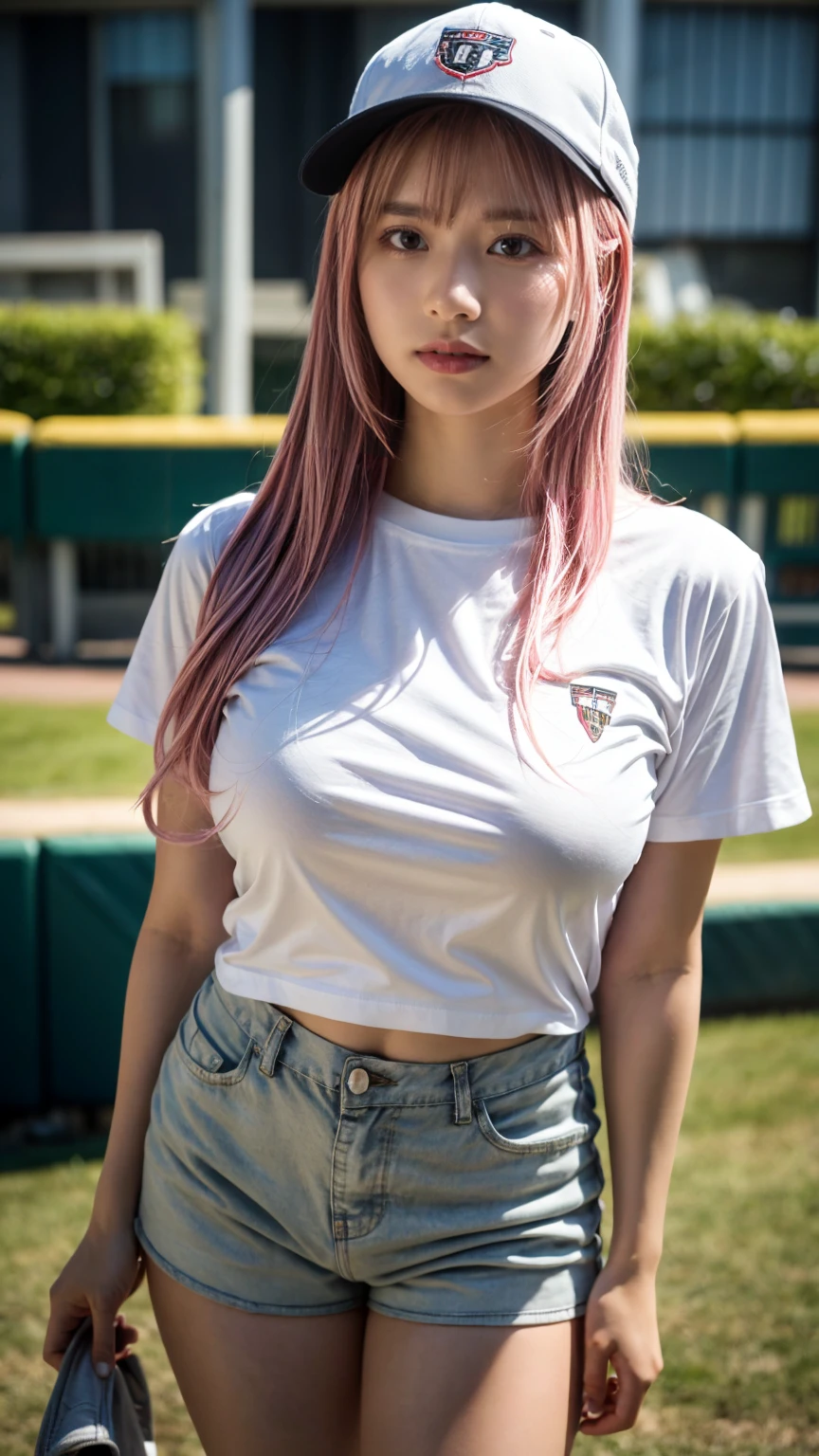 21yo girl,pink hair,long hair, wearing oversize white t-shirt, shorts, wearing a baseball cap, natural big breast, show big thigh, plump body, single sidelock hairpin blush modern cinematic lighting,ray tracing,drop shadow wide shot UHD,textured skin,high details,best quality 4K, (from below:1.2), (realistic:1.1), (surreal:1.2), (very detailed:1.1)