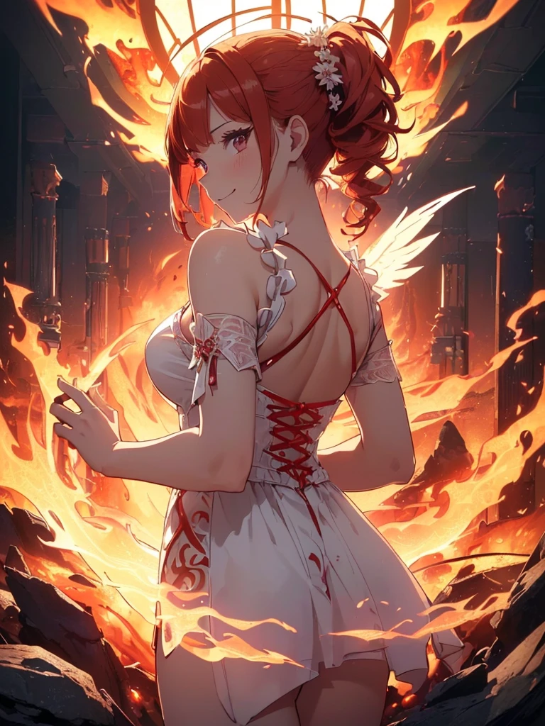 (((best quality, sharp image, clear image, cinematic lighting, 8k resolution, masterpiece, ultra detailed, intricate))) Girl, (((looking over left shoulder))), (shot from behind), ((half shot)), fiery red hair, pigtails, ((white dress)), ((flaming sigils, flaming runes)), spiky rock formations, (flaming lotus flowers frame), (intricate background), ((Phoenix)), (swirling flames), smiling