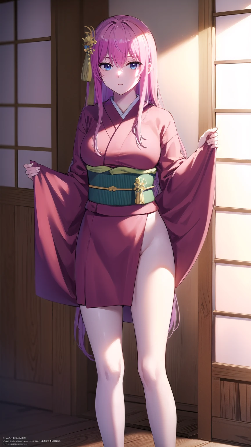 kayosudou, kayo sudou, blue eyes, pink hair, long hair, BREAK flower, flowes, green sash, hair ornament, japanese clothes, kimono, obi, red kimono, sash,
BREAK (standing), cowboy shot, looking at viewer, (dress lift, bare legs, nsfw, pussy:1.2),
BREAK indoors,
BREAK (masterpiece:1.2), best quality, high resolution, unity 8k wallpaper, (illustration:0.8), (beautiful detailed eyes:1.6), extremely detailed face, perfect lighting, extremely detailed CG, (perfect hands, perfect anatomy),