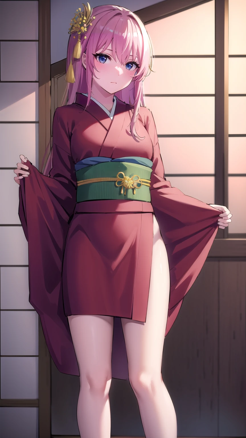 kayosudou, kayo sudou, blue eyes, pink hair, long hair, BREAK flower, flowes, green sash, hair ornament, japanese clothes, kimono, obi, red kimono, sash,
BREAK (standing), cowboy shot, looking at viewer, (dress lift, bare legs, nsfw, pussy:1.2),
BREAK indoors,
BREAK (masterpiece:1.2), best quality, high resolution, unity 8k wallpaper, (illustration:0.8), (beautiful detailed eyes:1.6), extremely detailed face, perfect lighting, extremely detailed CG, (perfect hands, perfect anatomy),