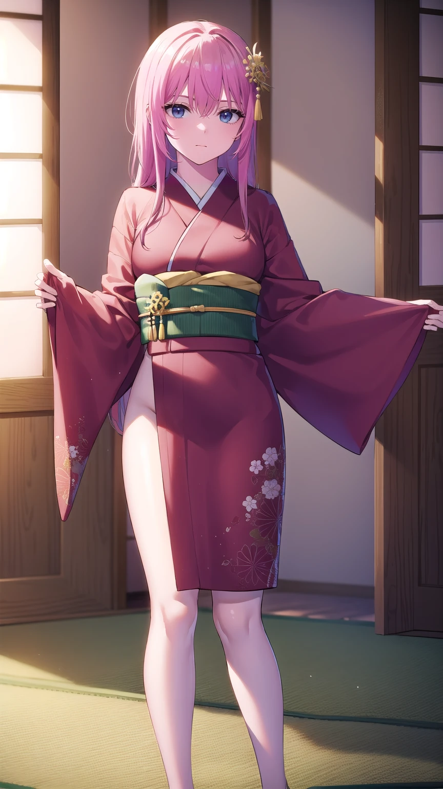 kayosudou, kayo sudou, blue eyes, pink hair, long hair, BREAK flower, flowes, green sash, hair ornament, japanese clothes, kimono, obi, red kimono, sash,
BREAK (standing), cowboy shot, looking at viewer, (dress lift, bare legs, nsfw, pussy:1.2),
BREAK indoors,
BREAK (masterpiece:1.2), best quality, high resolution, unity 8k wallpaper, (illustration:0.8), (beautiful detailed eyes:1.6), extremely detailed face, perfect lighting, extremely detailed CG, (perfect hands, perfect anatomy),