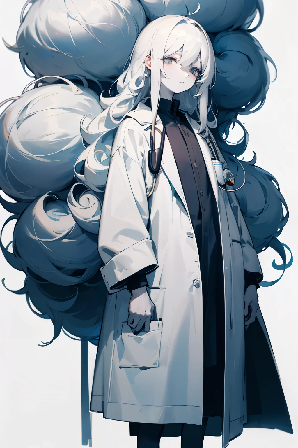 White hair, long hair, curly, sleepy eyes, doctor, white skin, standing picture, white background