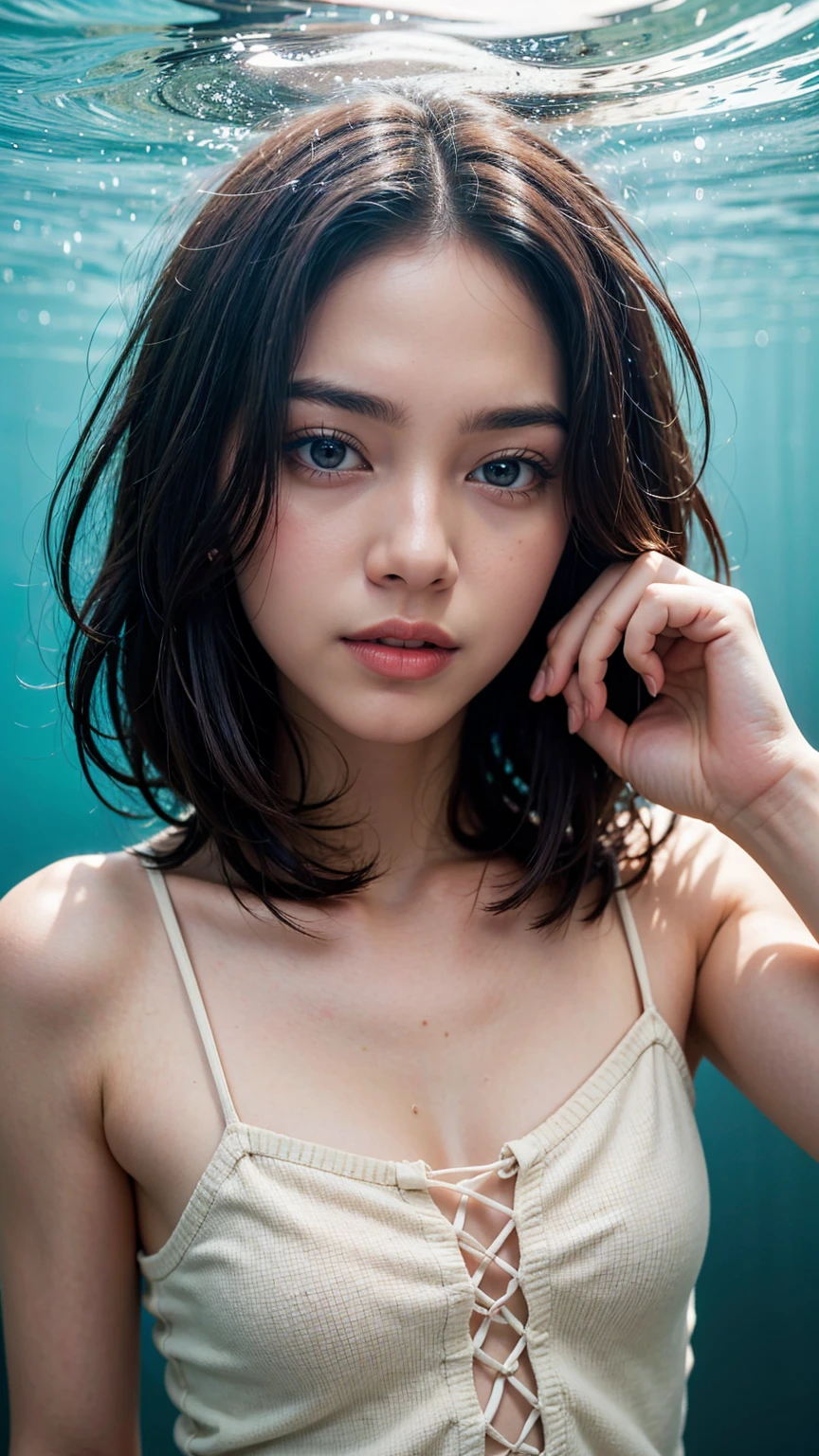 1girl, solo, looking at viewer, short hair, blue eyes, brown hair, black hair, collarbones, parted lips, water, lips, white sweater, sunlight, bubbles, underwater, ((small bubbles)), red balloons, high quality, 8k, hyperrealistic, cinematic lighting, photorealistic, masterpiece, exquisite details, intricate details, vibrant colors, natural skin tones, beautiful portrait, elegant pose, translucent water, floating bubbles, striking atmosphere, dreamlike ambience