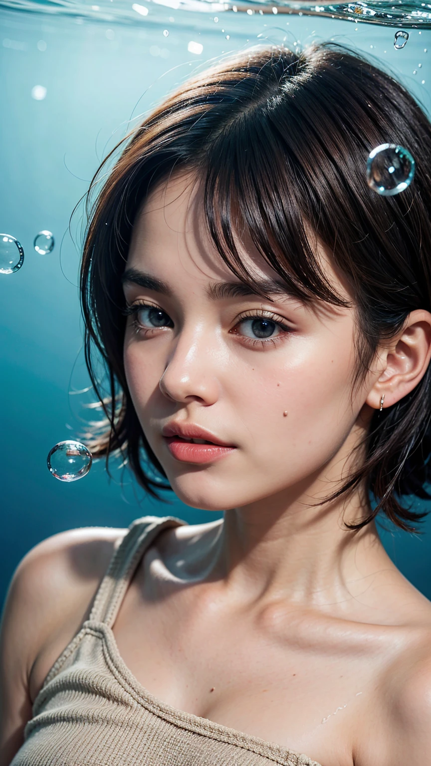 1girl, solo, looking at viewer, short hair, blue eyes, brown hair, black hair, collarbones, parted lips, water, lips, white sweater, sunlight, bubbles, underwater, ((small bubbles)), red balloons, high quality, 8k, hyperrealistic, cinematic lighting, photorealistic, masterpiece, exquisite details, intricate details, vibrant colors, natural skin tones, beautiful portrait, elegant pose, translucent water, floating bubbles, striking atmosphere, dreamlike ambience