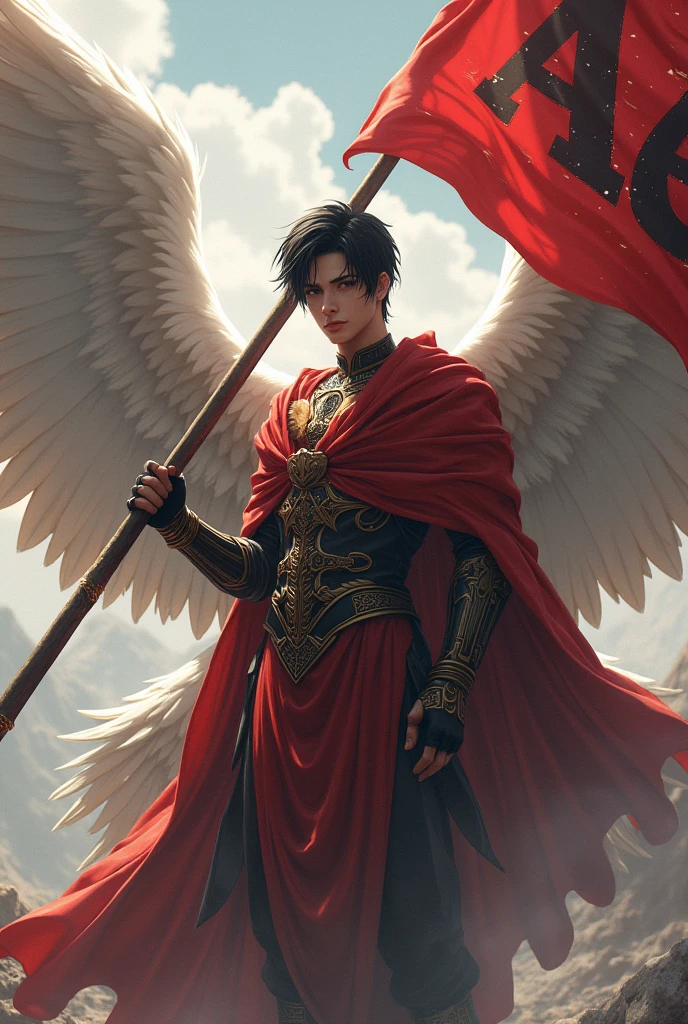 ((best quality)), ((masterpiece)), (detailed), perfect face. Create an epic piece of art featuring an angel of justice that embodies the essence of a god of war and victory. He has short black hair amd looks into the camera. He stands gracefully with a waving flag in his right hand with "AoE" written on it. Next to him is a sign that says "King Kodo's Empire"