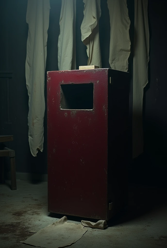 empty large maroon box that is facing front and centered that has a window in it and creepy bandages in the background 