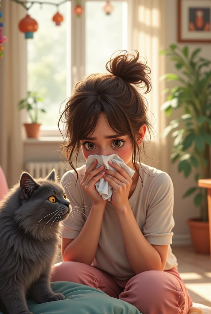 Woman blowing her nose because of allergies to her cat 