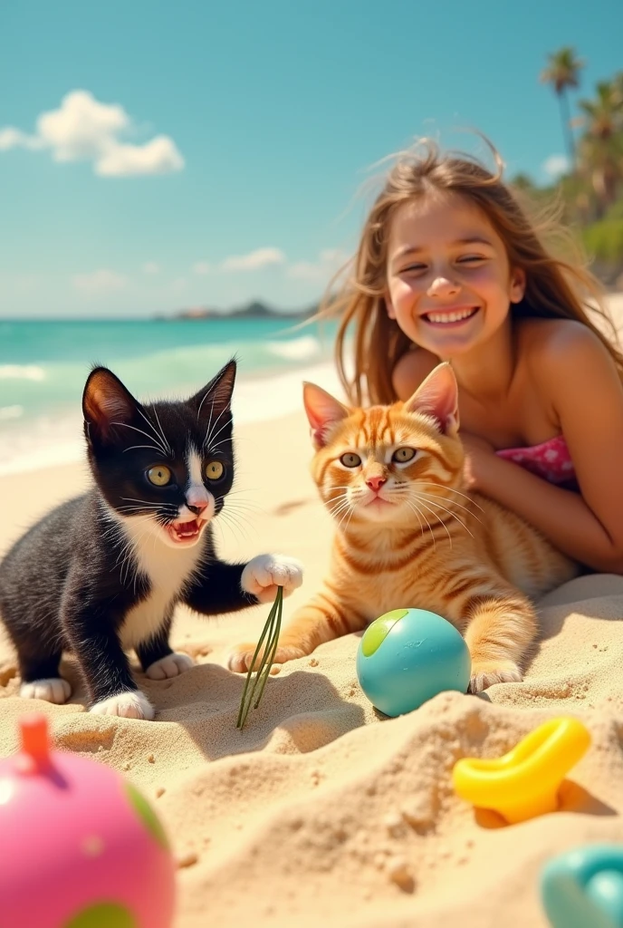 Kitten tuxedo cat with black mustache playing with adult orange cat in beach with girl owner