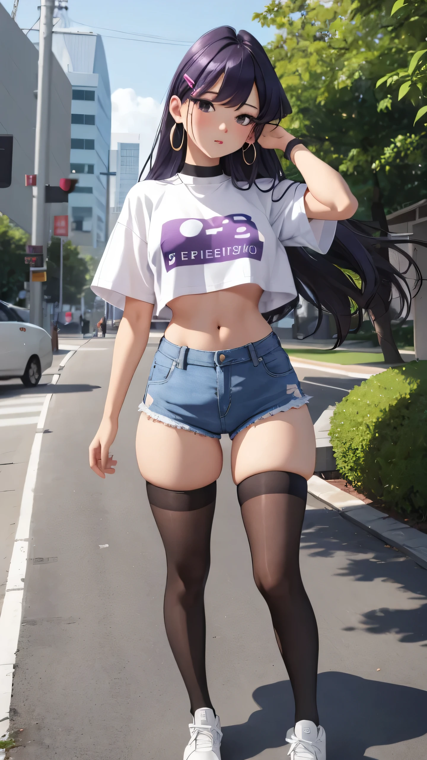 1girl, solo, Komi Shouko, long hair, large breasts, looking at viewer, blush, bangs, shirt, purple hair, hair ornament, thighhighs, navel, closed mouth, purple eyes, standing, full body, white shirt, short sleeves, thighs, outdoors, shoes, shorts, day, hairclip, earrings, choker, midriff, black thighhighs, stomach, arm up, crop top, short shorts, white footwear, denim, sneakers, blue shorts, denim shorts, hand on own head, crop top overhang, cutoffs