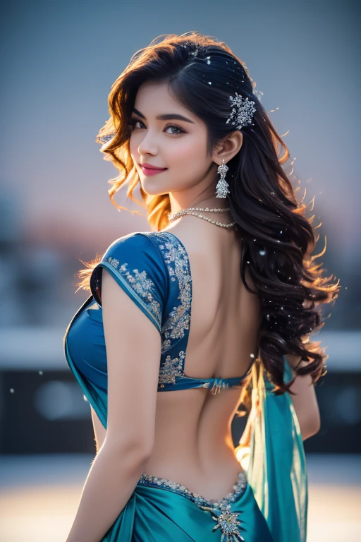 beautiful and sexy woman, age 20, gigantic , clevage, wore stylish and design sea Blue colour saree ,clevage, hot and sexy printed blouse, sitting in railway ,model pose, beautiful body, masterpiece, ultra realistic,detailed,16k , potrait ,Film type light, camera angle front, looking at viewer. unsurpassed masterpiece, Ultra photo realsisim, perfect artwork, intricate details, Best Quality, strong light,High contrast, the night, Starlights, northern lights, (((back light))), Glowing Hair, Girl sitting on a white ice throne, , a beaut, blurred background, Smile, breeze, (((diamond_necklace))), (((snowing,Snow Flower))),