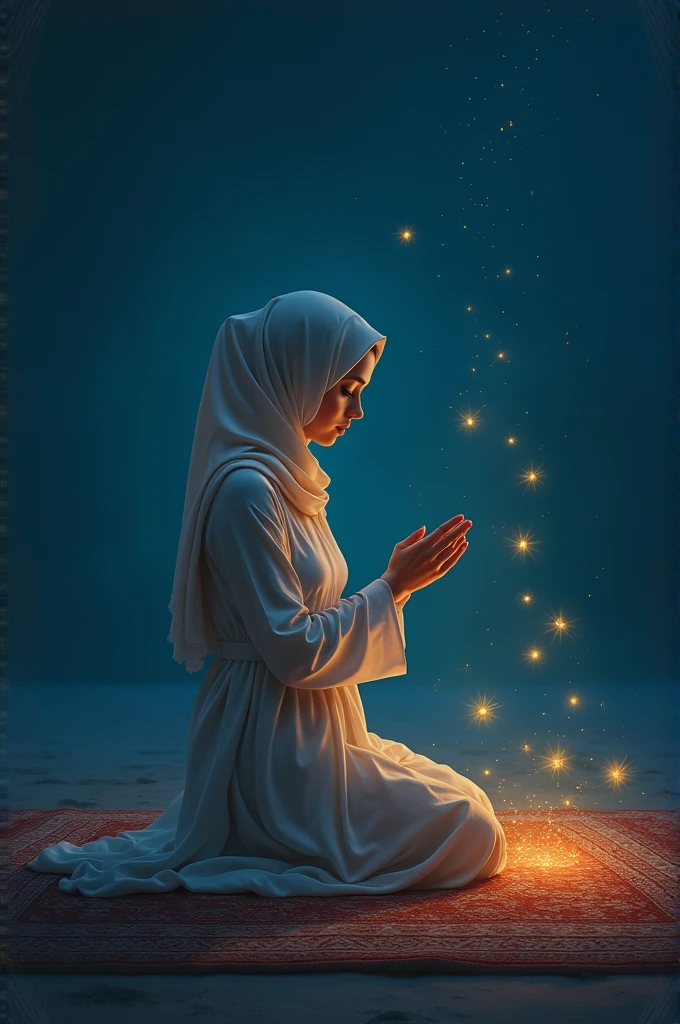 A beautiful Muslim woman is kneeling on the carpet on the ground  at night, raising her palms and praying to God. Very small flying luminous insects. The scene is relaxing. painting .