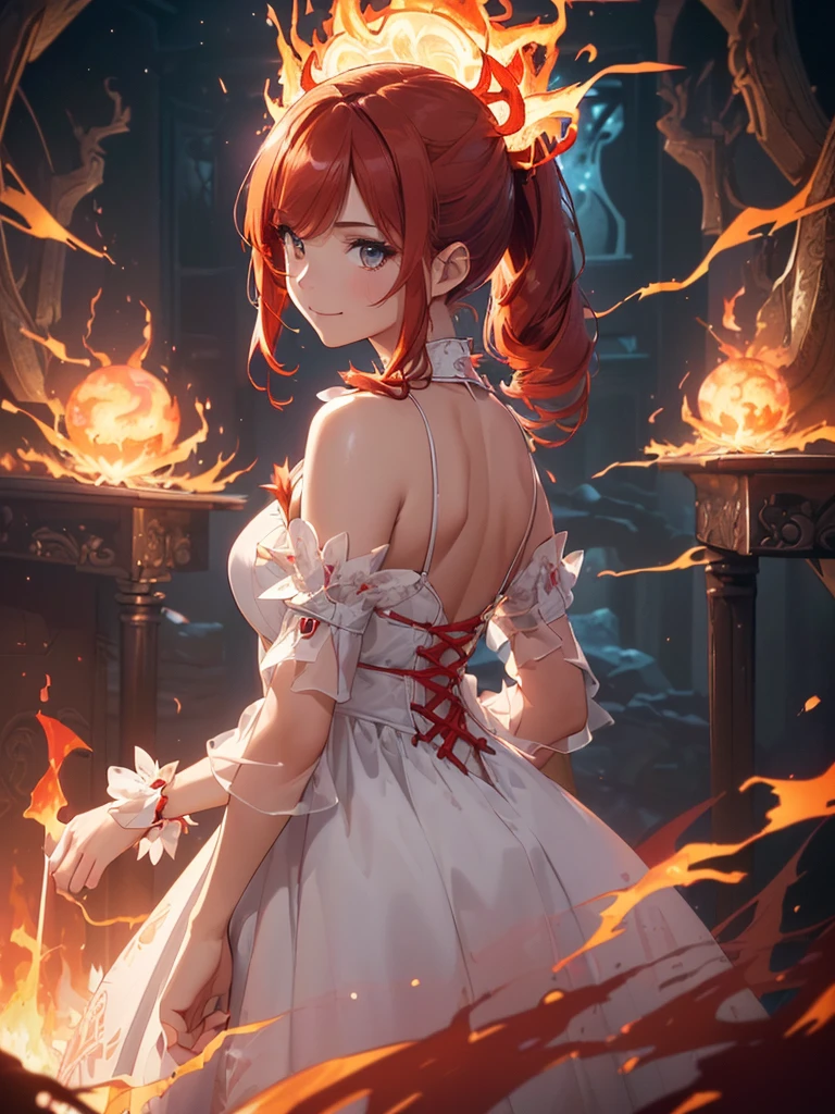 (((best quality, sharp image, clear image, cinematic lighting, 8k resolution, masterpiece, ultra detailed, intricate))) Girl, (((looking over left shoulder))), (shot from behind), ((half shot)), fiery red hair, pigtails, ((white dress)), ((flaming sigils, flaming runes)), spiky rock formations, (flaming lotus flowers frame), (intricate background), ((Phoenix)), (swirling flames), smiling