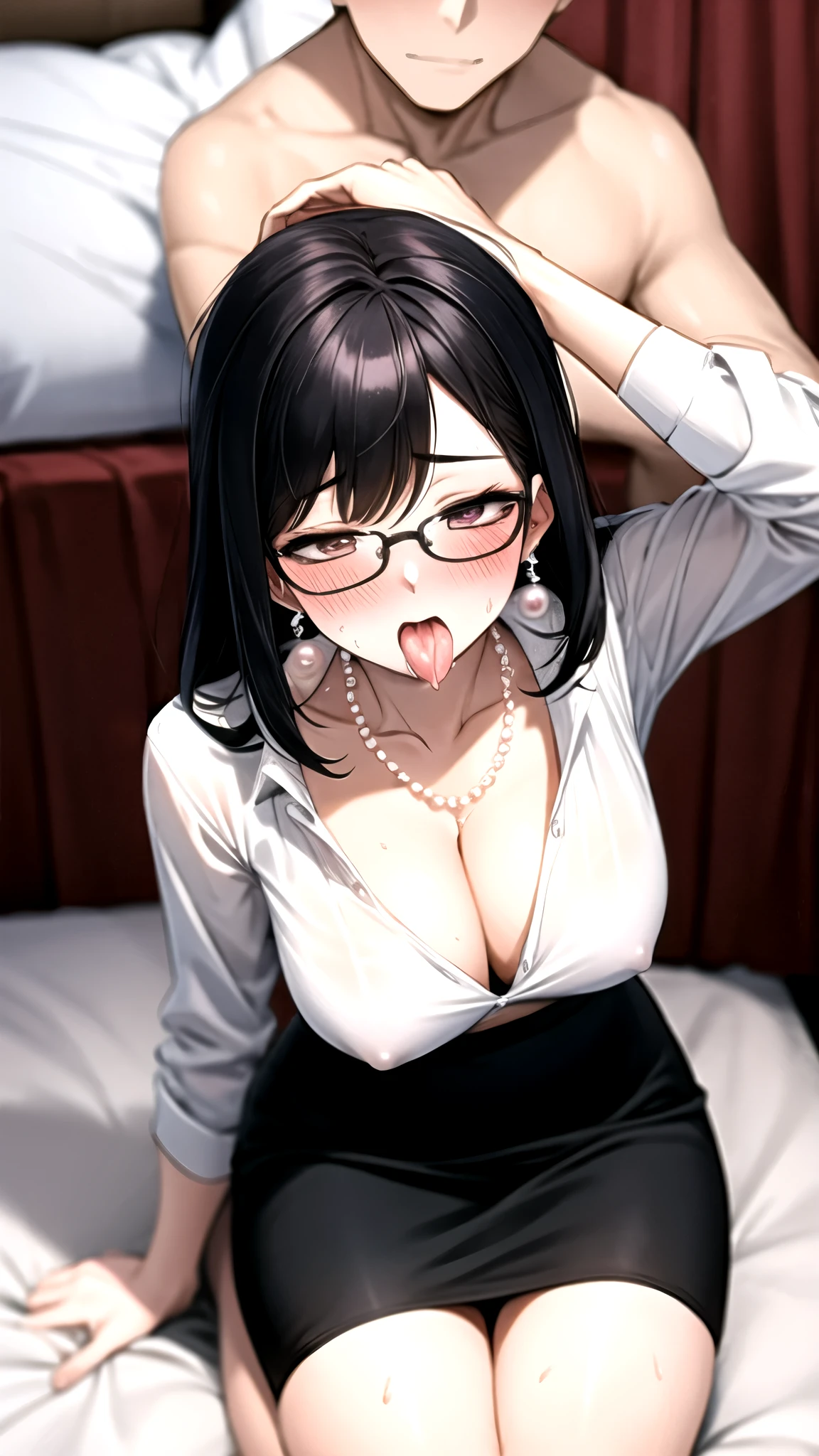 （（super high quality,Ultra-high resolution,4K,8k,super masterpiece,Ultra HD ,Detailed shading））,Full body photo,Angle from a high ceiling,Lying in bed,Man and woman couple,A sexy mother and a naked man,popped collar White shirts,Tight collar,Long sleeve,BLACK Pencil Skirt,Black Hair,Penis insertion,Sex,Glasses,Place your hands behind your head,足を広げてSex,Ahegao,blush,Sweaty,semen,Drooling,Pearl Earrings,Pearl Necklace,Being embraced from behind by a man,