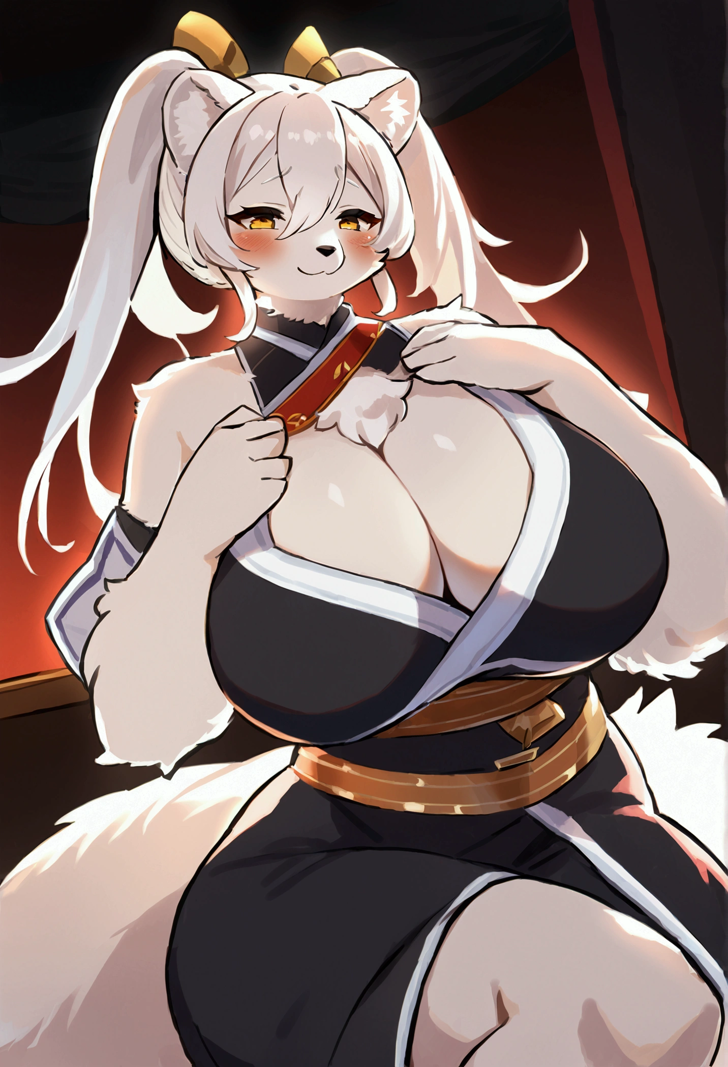 top quality, best quality, High-quality illustrations, masterpiece, 16k, 1080p, uploaded on e621)(kemono, furry, anthro, alone), round, 1 female, hot mother figure, very detailed body face and eyes, white ferret, Hanazono Chiyuki, (Sdorica), white fur, fluffy, big breasts, tail, perfect eyes, yellow eyes, white ponytail hair, beautiful japanese dress, theatre, scene, body movement, body twitching, shy smile, red blushing,