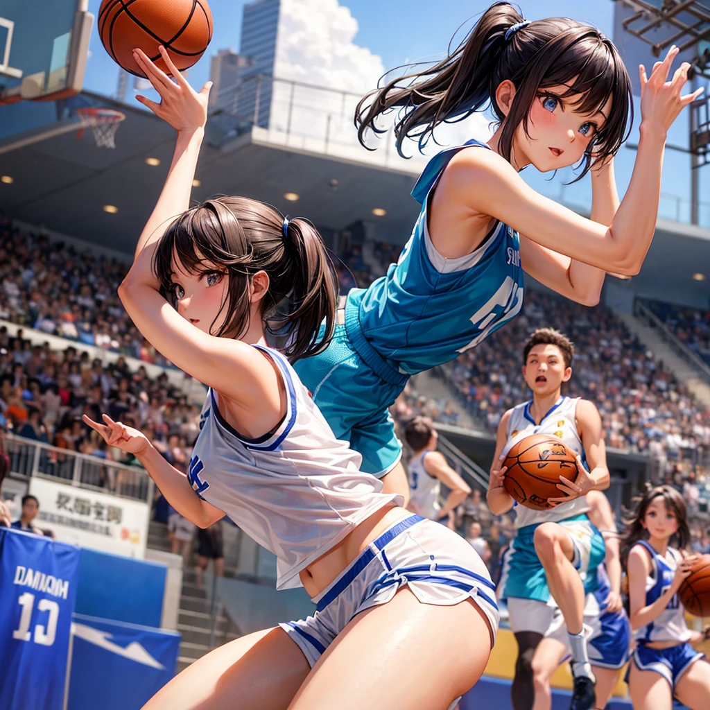 A super beautiful girl from Hong Kong is playing basketball.,Wearing a white t-shirt and shorts,Curvy and sexy,A basketball court in the background,HD。