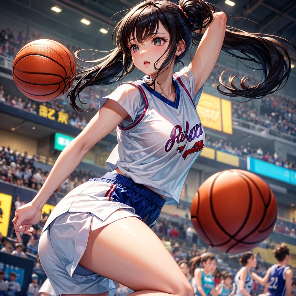 A super beautiful girl from Hong Kong is playing basketball.，Wearing a white t-shirt and shorts，Curvy and sexy，A basketball court in the background，HD。