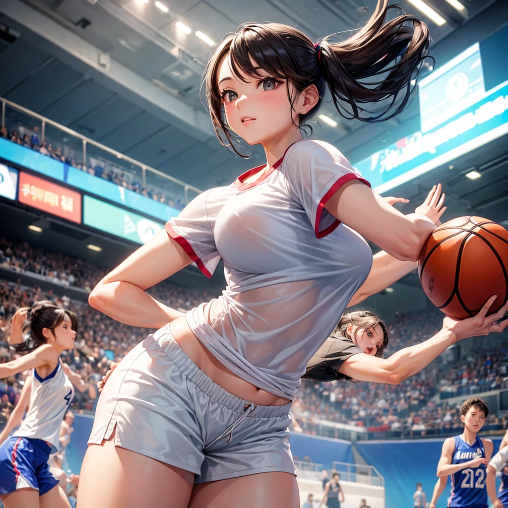 A super beautiful girl from Hong Kong is playing basketball.，Wearing a white t-shirt and shorts，Curvy and sexy，A basketball court in the background，HD。