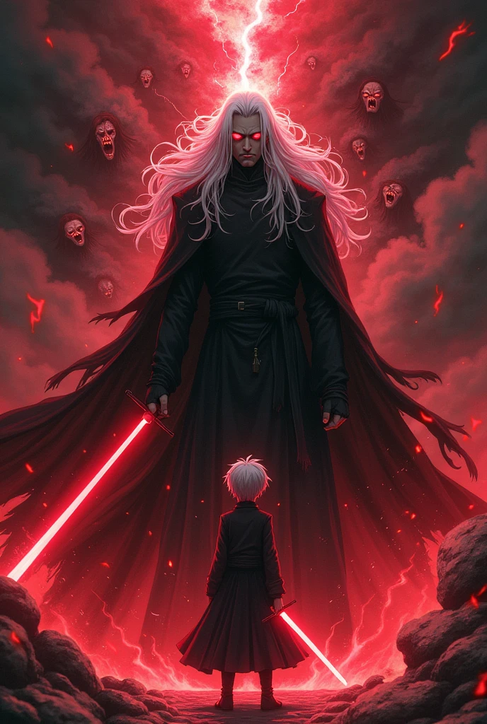 Make a man with white hair and red eyes with a serious expression, Clad in black robes, exuding a terrifying aura, an aura that seemed to have grotesque faces on it screaming in agony. He pointed his sword wreathed in red energy. He is exchanging sword blows with an equally terrifying and similar teenage boy..
anime styling