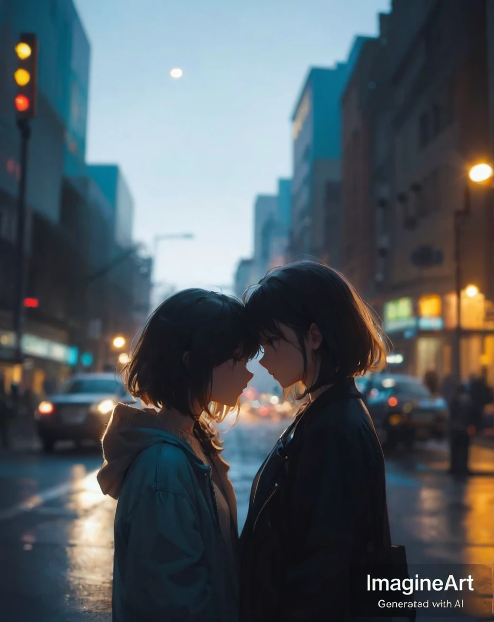 make the exact same background but the girls are standing at a distance that is far from where the picture is taken and the girls are resting their forehead on each others forehead