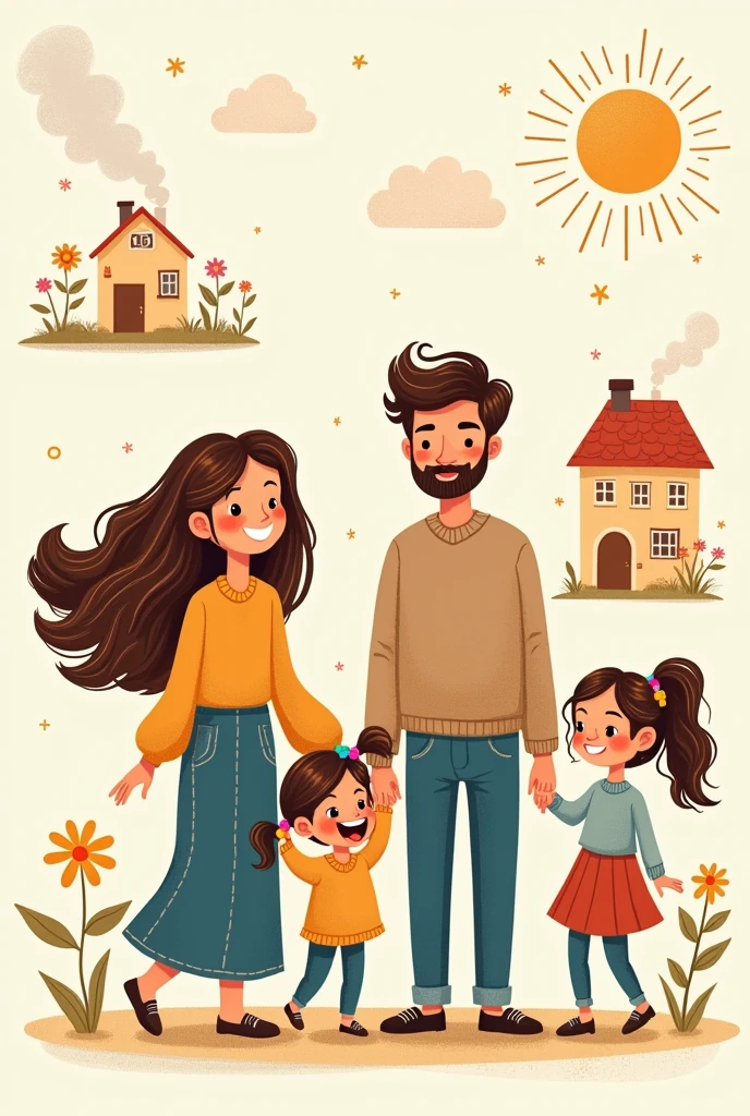 Family of mom dad and 2 daughters doodle to keep in house warming invitation card