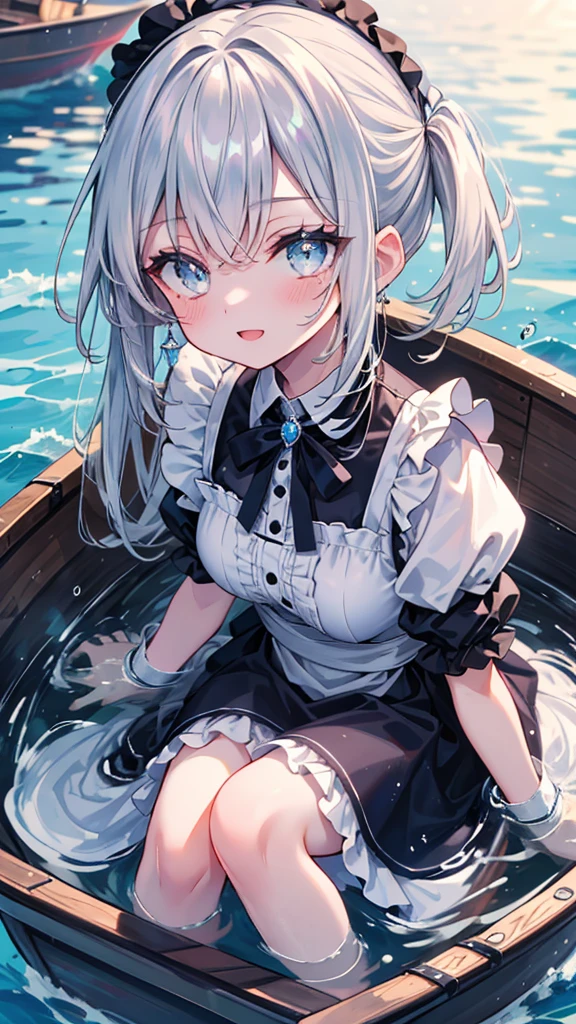 (8k, Highest quality, masterpiece: 1.2),Ultra-high resolution, 1 person, solo, Color changing eyes, Ultra-detailed, Expressive eyes, Highly detailed face, Maid clothes, Random Hairstyles、Silver gay hair, Rowboat、lake、sunlight, clavicle, Ecstatic expression,Sparkling、splash