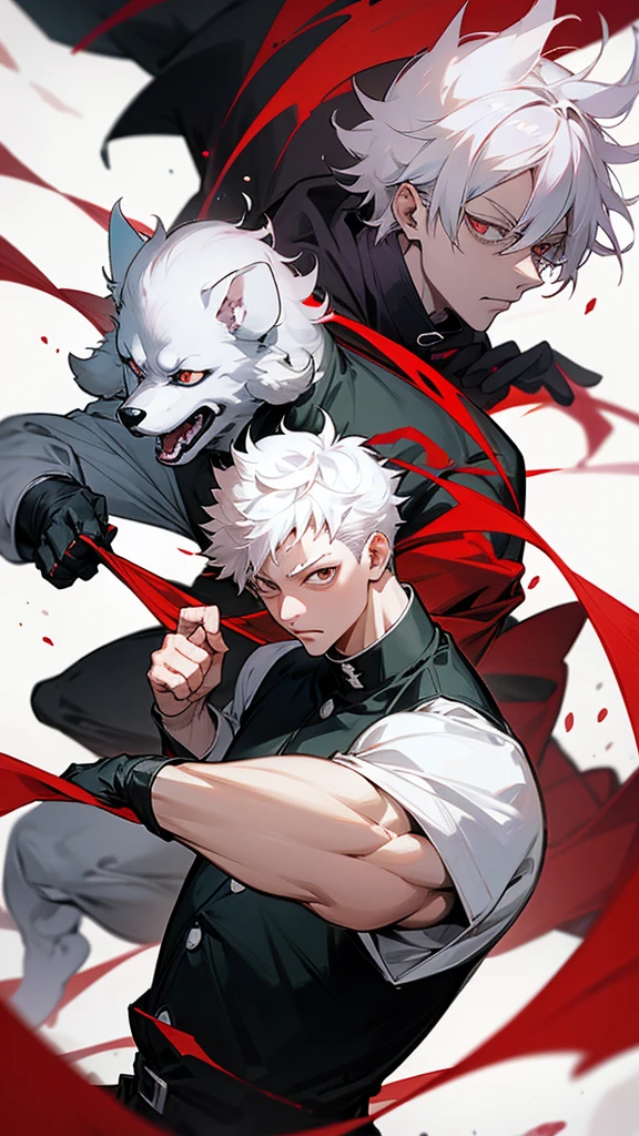 Dog with powers equal to Mahoraga from Jujutsu Kaisen, white poodle-type dog, anime style