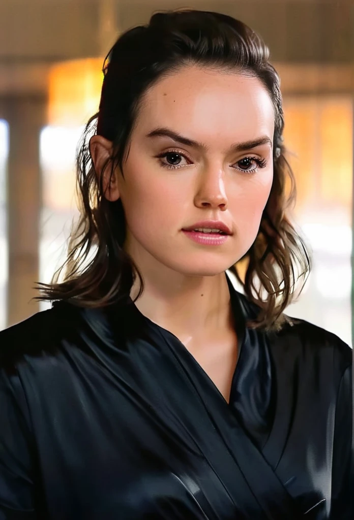 (Daisy Ridley)drawing of the face of a 35 year old woman,long hair,dark haired,white satin shirt With Biggest busty 