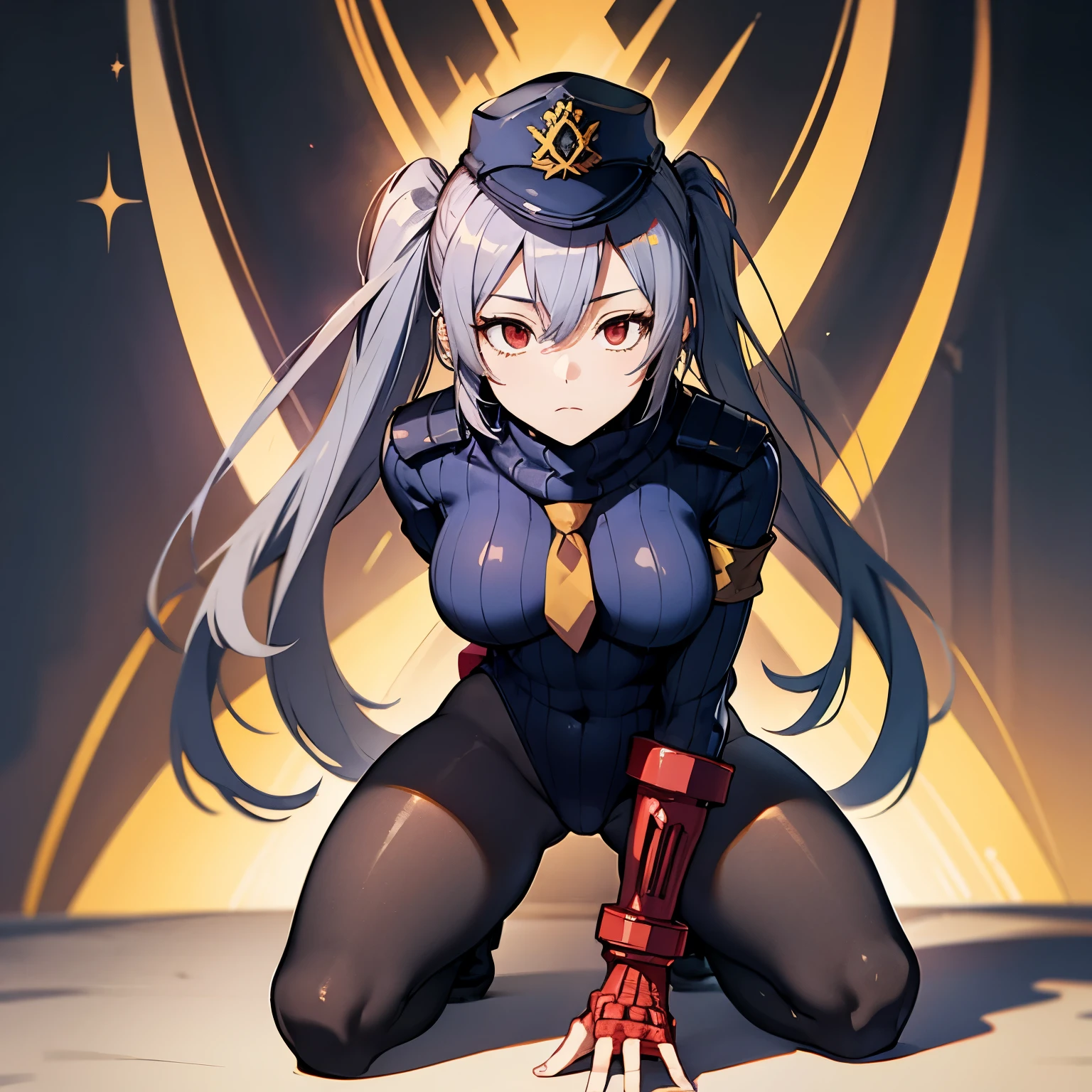 best detailed, Highly detailed,Beautiful body,Beautiful Nose,perfect eyes,perfect face,ultra highres,beautiful legs,Perfect hands,Masterpiece,illustration,,perfect anatomy,street fighter,doll suit,shadaloo doll,dollsuit,expressionless,empty eyes,blank eyes,red gloves,boots,emotionless,black latex,corruption,mind control,female combatant,hypnotized,unhappy trance,full body suit,obey,extremely glossy latex,hypnosis,hypnoLora,Slave,necktie,yellow tie,military,dark persona,(((kneeling, one knee))),(((pixel-perfect, detail-perfect))),solo,(roze),1girl,silver hair, long hair, twintails, hair between eyes, red eyes, black cap, twin black muffler,black scarf,((dark pantyhose)),(((sword))),city background, night sky