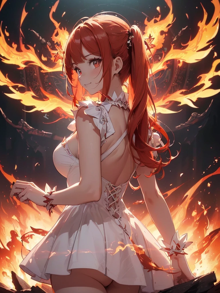 (((best quality, sharp image, clear image, cinematic lighting, 8k resolution, masterpiece, ultra detailed, intricate))) Girl, (((looking over left shoulder))), (shot from behind), ((half shot)), fiery red hair, pigtails, ((white dress)), ((flaming sigils, flaming runes)), spiky rock formations, (flaming lotus flowers frame), (intricate background), ((Phoenix)), (swirling flames), smiling