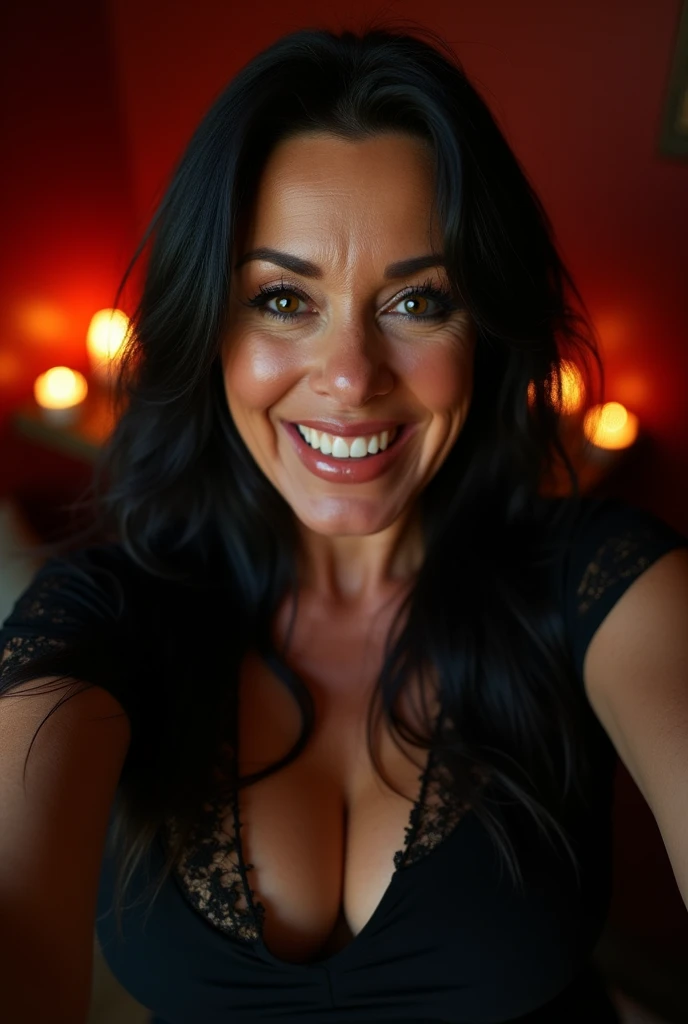 selfie: A dominant woman in her 60s, with deep wrinkles creasing her face, smiles confidently into the camera lens. Her plump figure is accentuated by the dramatic lighting of the dimly lit, dark red room, where heavy makeup highlights her features. Long, black hair cascades down her back like a nocturnal waterfall, while wrinkles and tattoos add depth to her enigmatic smile. The warm glow of flickering candles in the background creates a sensual atmosphere, casting a spell of domination and seduction in this captivating scene.