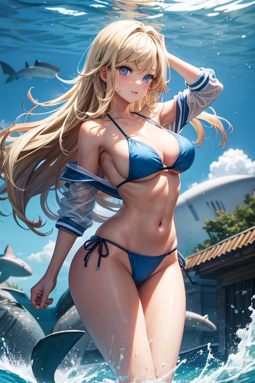 lake with.young girls 3 swimming with bikini cuts .Broken bites . athletic body slim tall muscular large breasts large buttocks long blonde hair blue eyes .with sharks 