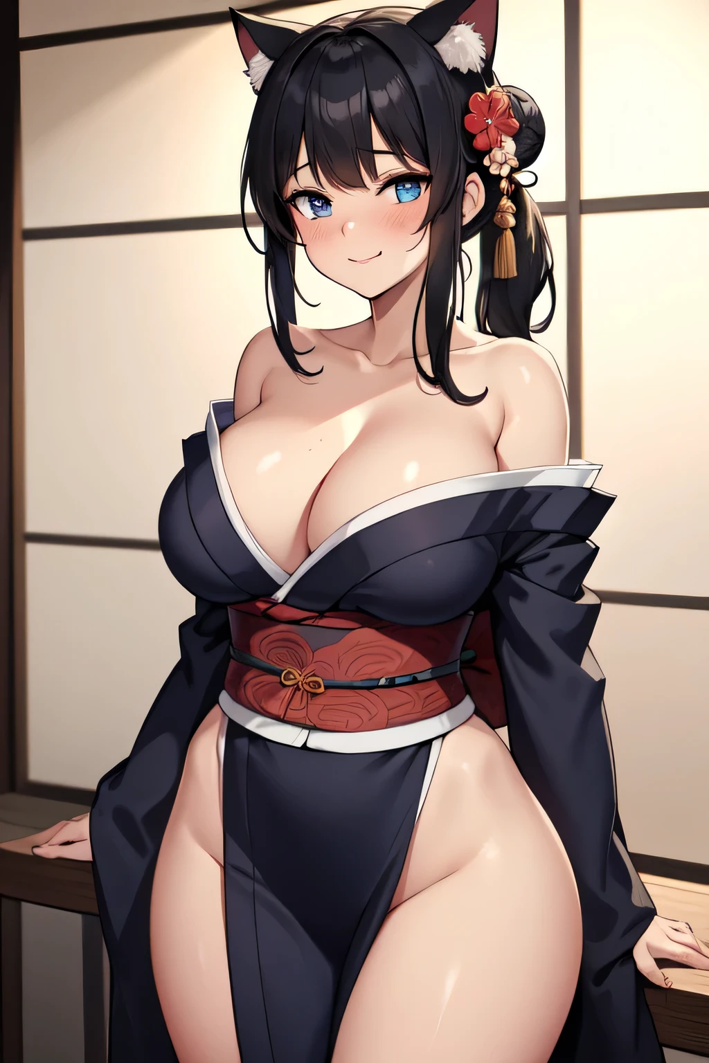 1girl, fair skin, black_hair, long_hair, blue_eyes, cute_face, detail of face, Cat ear, big boob, Huge ass,
breasts, home, solo, cleavage, japanese_clothes, sash, blush, smile, black_hair, bare_shoulders, looking_at_viewer, obi, kimono, off_shoulder, collarbone, large_breast, Japanese_home_background, single_hair_bun, black_kimono, sidelocks, bangs, closed_mouth, hair_flower, wide_sleeves, thighs, flower, groin, pelvic_curtain, no_panties, cowboy_shot, side_ponytail, arm_under_breasts, breast_hold, long_sleeves, nose_blush