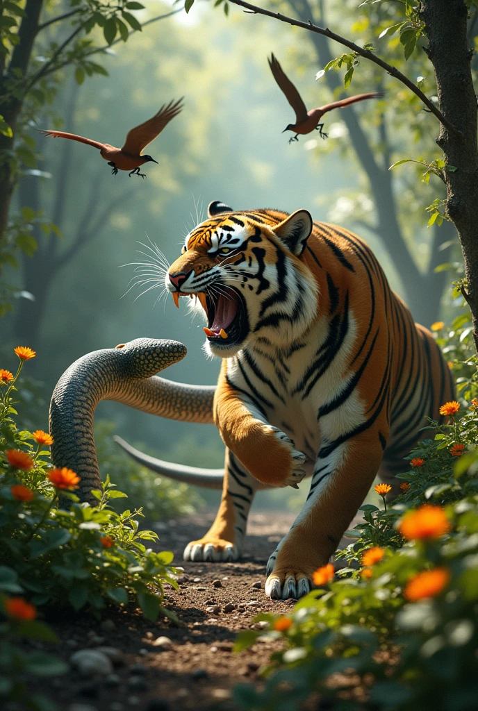 Hybrid tiger with snake  fight war realistic 4k HDR