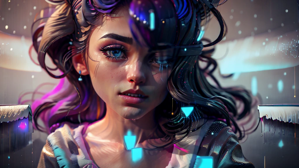 Realistic beautiful women, half body potrait and looking at viewers, hair colour is combination of blue and black gradient, and silky hair which is blowing with wind, details blue colour eye ball, women cheeks a japanese alphabet written in blue glowing color, ceniematic camera shot, raining, small tiny blue glowing particles in air , 4k fully rendered 