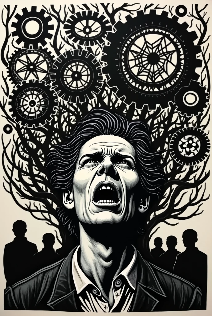 Woodcut Art of Linguistic Prejudice(no words in the image)