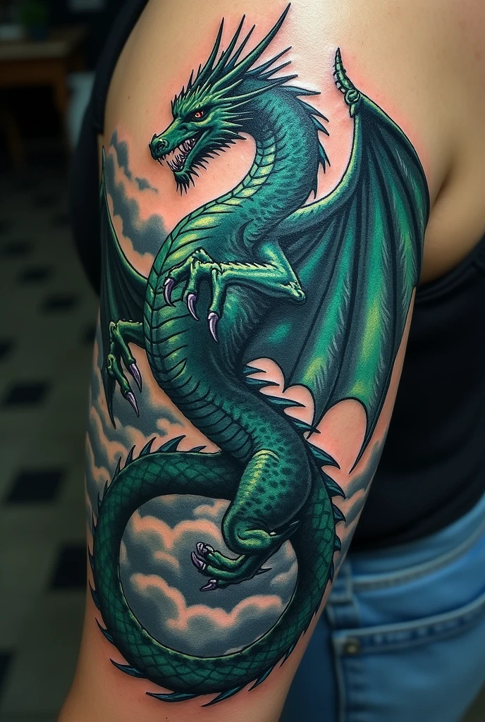 Create a decal of a mystical Game of Thrones style dragon with wings wrapping around an arm for a tattoo.