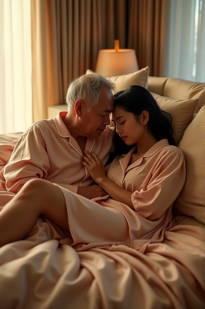 A man and a woman in silk pajamas are having sex.,70-year-old male,20-year-old female,Korean 
