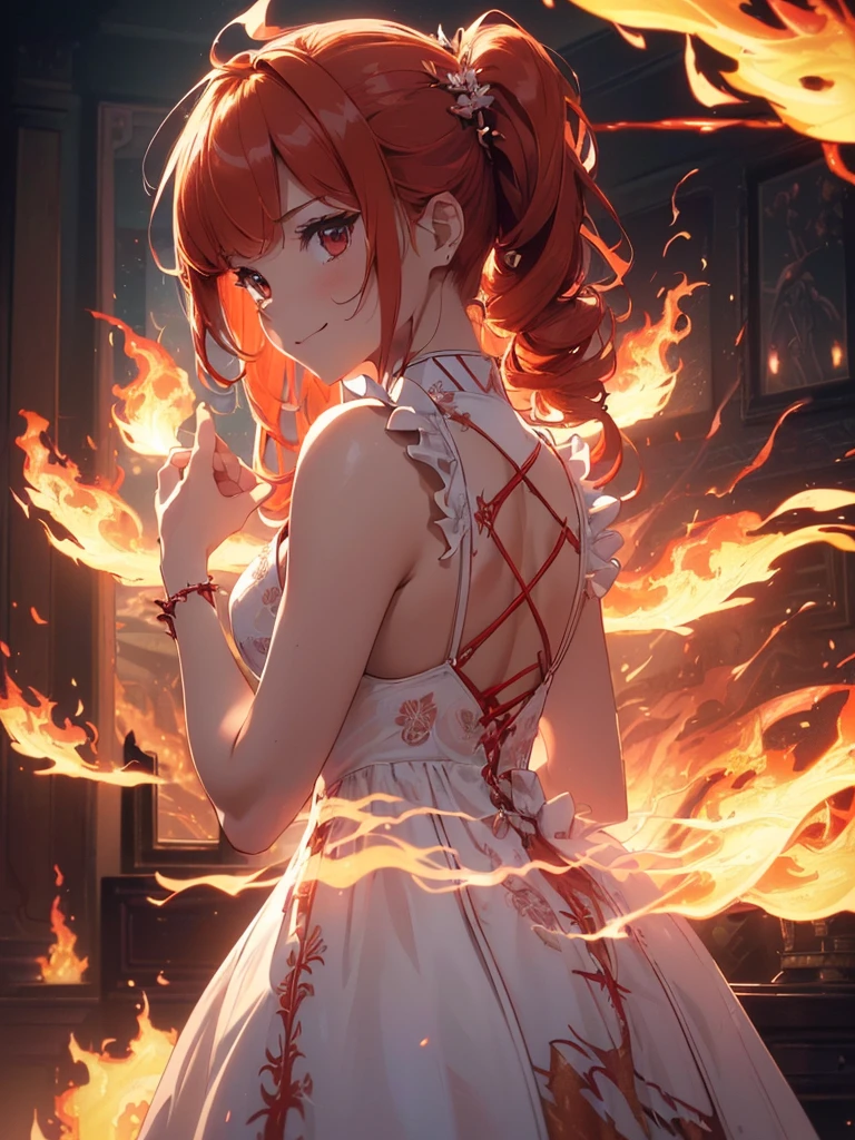 (((best quality, sharp image, clear image, cinematic lighting, 8k resolution, masterpiece, ultra detailed, intricate))) Girl, (((looking over left shoulder))), (shot from behind), ((half shot)), fiery red hair, pigtails, ((white dress)), ((flaming sigils, flaming runes)), spiky rock formations, (flaming lotus flowers frame), (intricate background), ((Phoenix)), (swirling flames), smiling