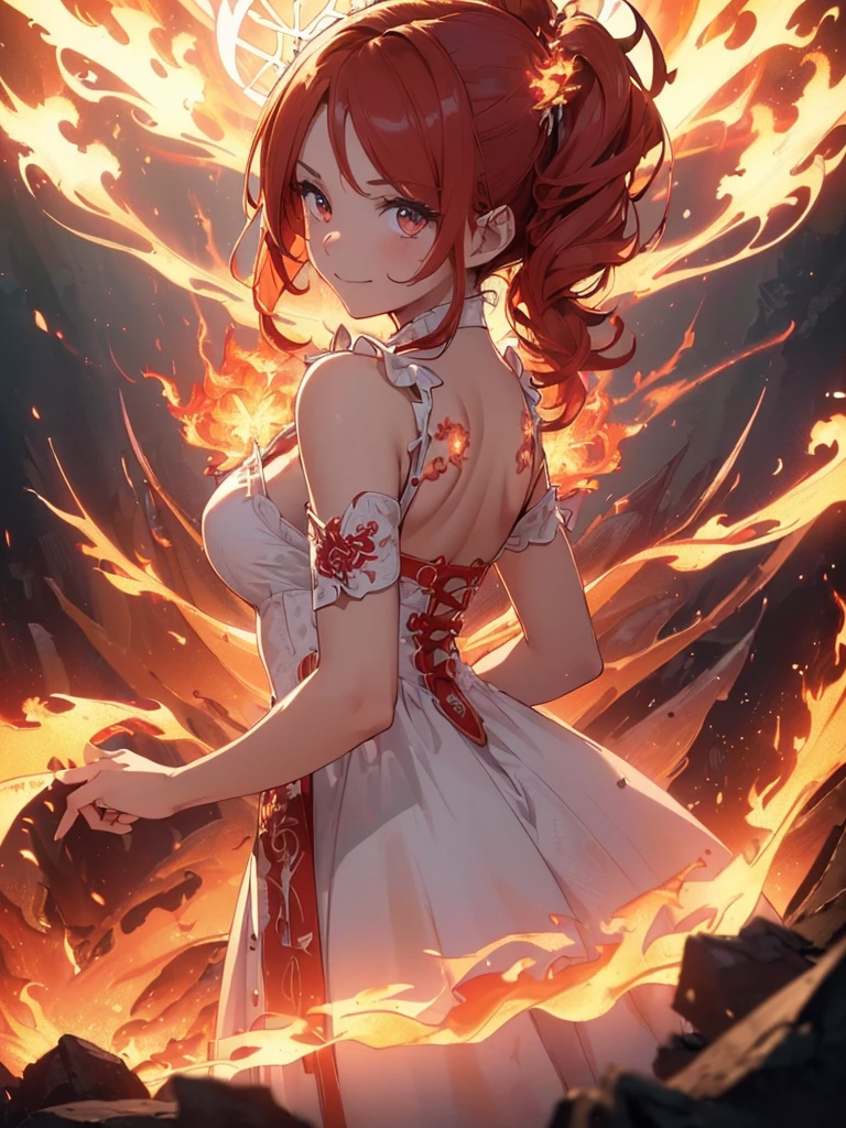 (((best quality, sharp image, clear image, cinematic lighting, 8k resolution, masterpiece, ultra detailed, intricate))) Girl, (((looking over left shoulder))), (shot from behind), ((half shot)), fiery red hair, pigtails, ((white dress)), ((flaming sigils, flaming runes)), spiky rock formations, (flaming lotus flowers frame), (intricate background), ((Phoenix)), (swirling flames), smiling