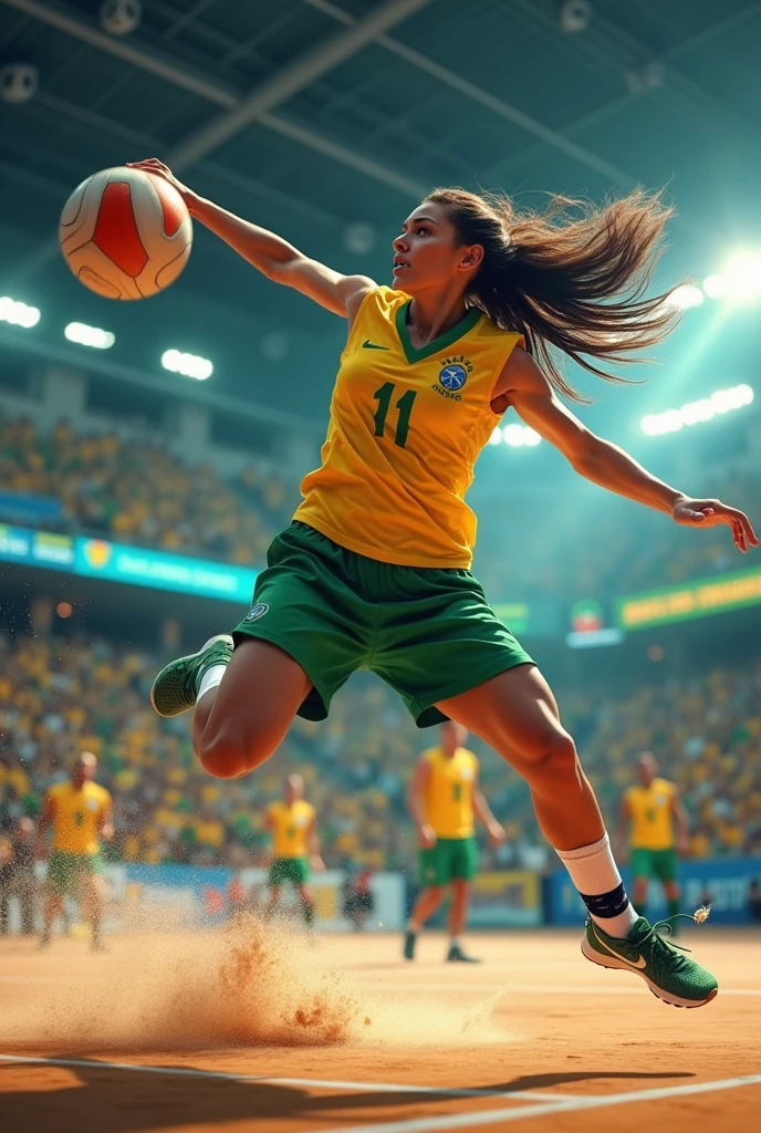 Create a Brazilian handball player throwing the ball into the opponent's goal while falling