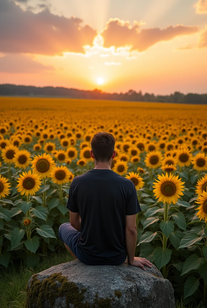 man sitting on a stone watching a sunflower field when the sun is setting 
make the man smaller and the sunflowers should be more visible and more in numbers 
make the image more aesthetic