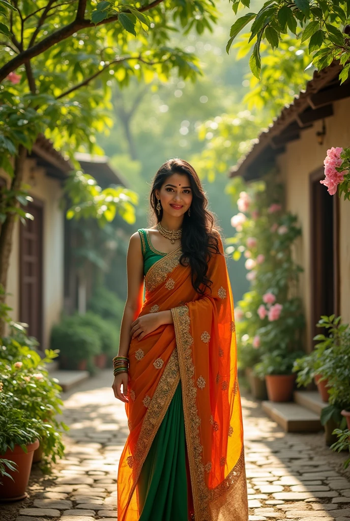 Background: Use a natural or rustic outdoor setting with a soft focus, such as a village scene or a garden, to make the subject stand out. Subject: A young, attractive woman dressed in traditional, vibrant attire, like a saree or lehenga, with a confident smile.