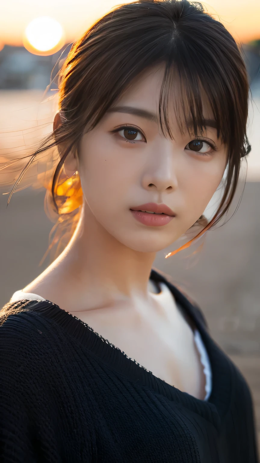 (masterpiece:1.2),(Highest quality),(Very detailed:1.2),(High resolution),(Photorealistic Stick),(RAW Photos),8k,Close-up of a woman in a black sweater,Soft portrait photography,Beautiful Japanese Woman,Gorgeous face portrait,Eye light,the person himself/herself,Very beautiful face,Beautiful portrait,A lovely and delicate face,Beautiful young Japanese woman,Mature hairstyle,Look here(Sunset in the background),(((Blur the background))),(Over my shoulder),(pov shot),((Dynamic hair movement))