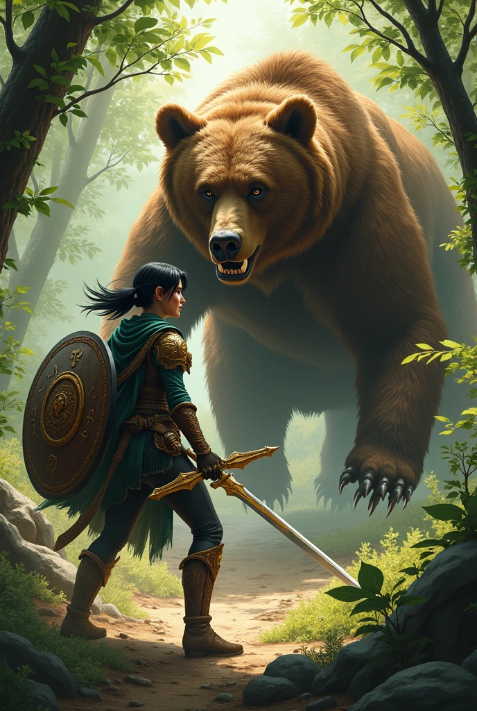 Elfa warrior with short black hair
Wearing a kite shield and a sword
Fighting a brown bear